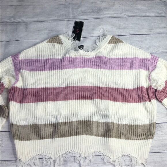 Polly & Esther Destructed Stripe V-Neck Sweater Size 1X NWT - Picture 4 of 7